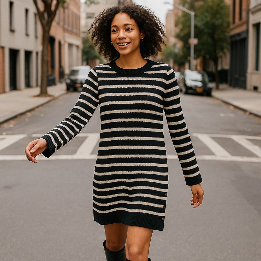 Madewell Merino‎ Wool Blend Striped Sweater Dress Black White Button Sleeve L